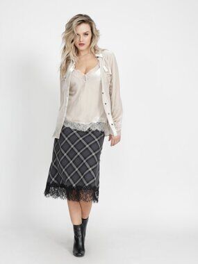 Gold Hawk *New*  Charcoal Grey Plaid Midi Skirt w/ lace ; size SMALL